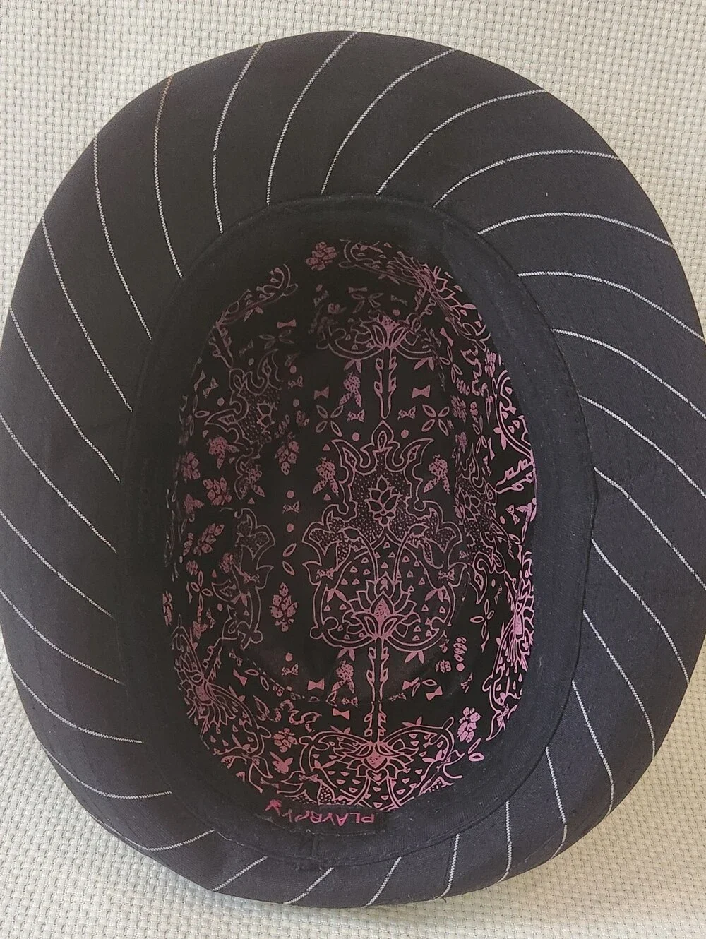 Vintage Y2K Playboy Bunny Pinstripe Fedora Hat Black Silver Metallic McBling S/M